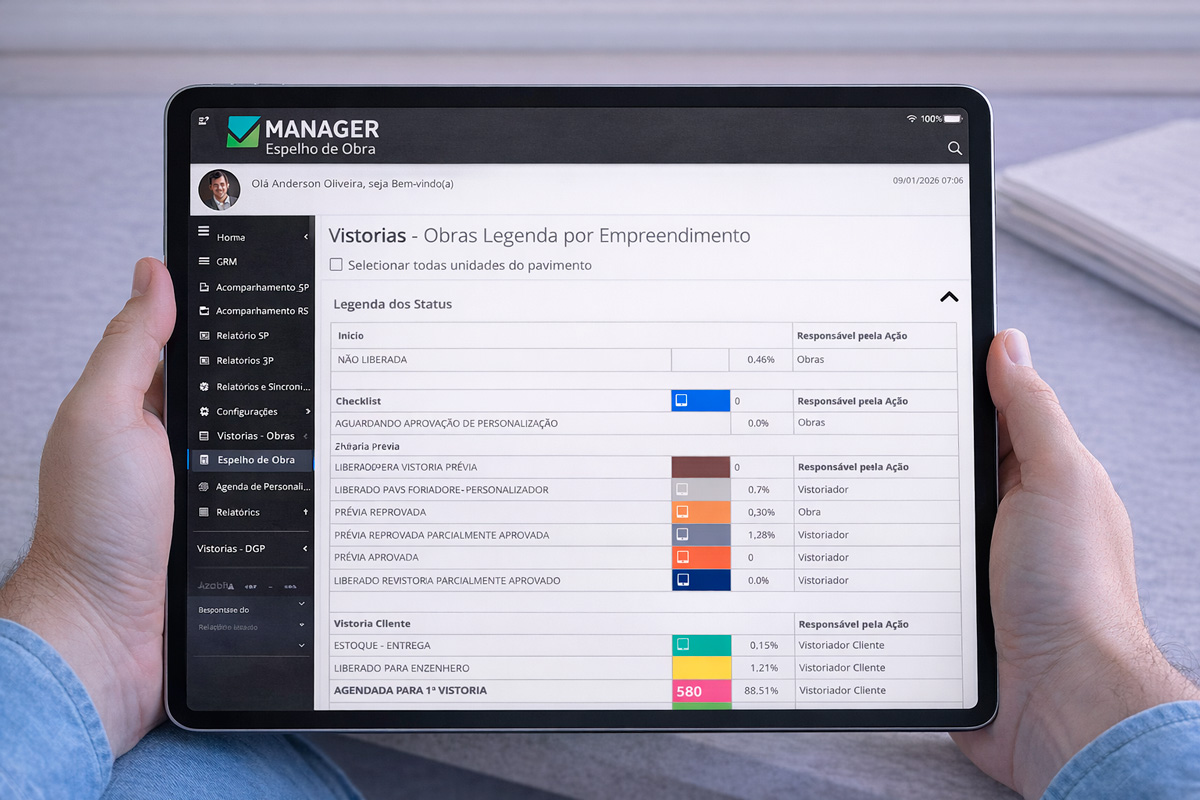 Tela do Espelho de Obras no Vistoria.Fácil com status por cores e visão das unidades